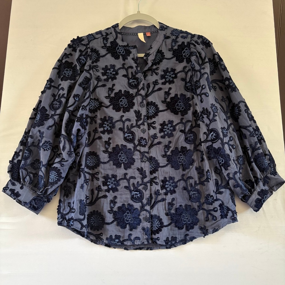 Pilcro Anthropologie Navy Floral Embroidered Velvet Trim Blouse Grey XS Boho